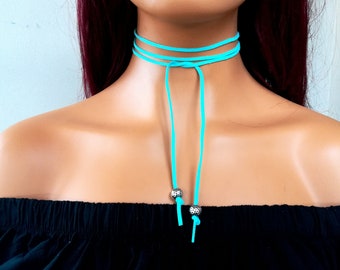 Turquoise Suede Wrap Choker, Turquoise Boho Choker, Tie Choker, Long Choker, Vintage Jewelry, Leather Necklace, Silver ethnc beads