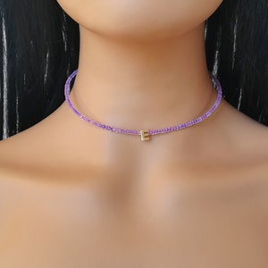 Purple beaded choker, initial letter choker, personal choker, gold choker, dainty beaded choker, minimal beaded choker, boho choker
