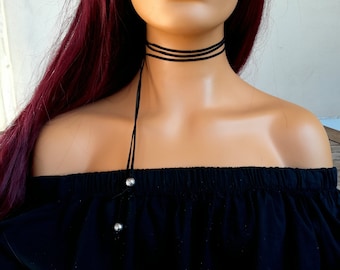 Black Suede Wrap beaded Choker,  leather black Choker, Boho Choker, Tie Choker, Long Choker, Vintage Jewelry, Leather Necklace