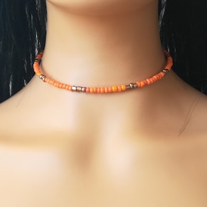 Orange beaded choker, bronze beaded necklace, ethnic beaded necklace, men necklace, unisex necklace, minimal beaded choker, boho choker