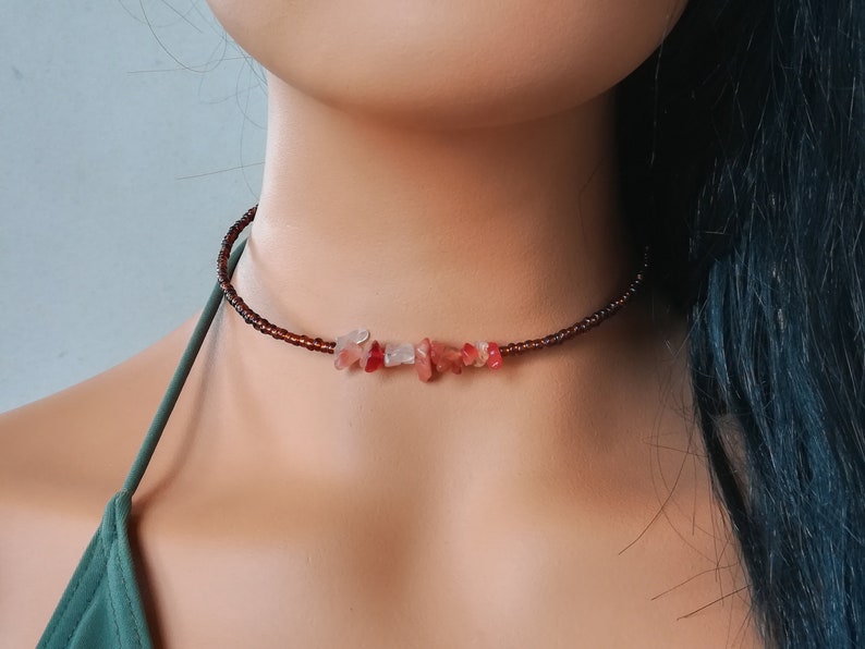 gift for her agate stone choker minimal beaded choker boho choker elegant beaded necklace dainty choker Brown beaded choker