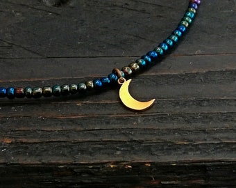 Metallic Blue Beaded Choker, Gold Moon Charm, Boho Necklace