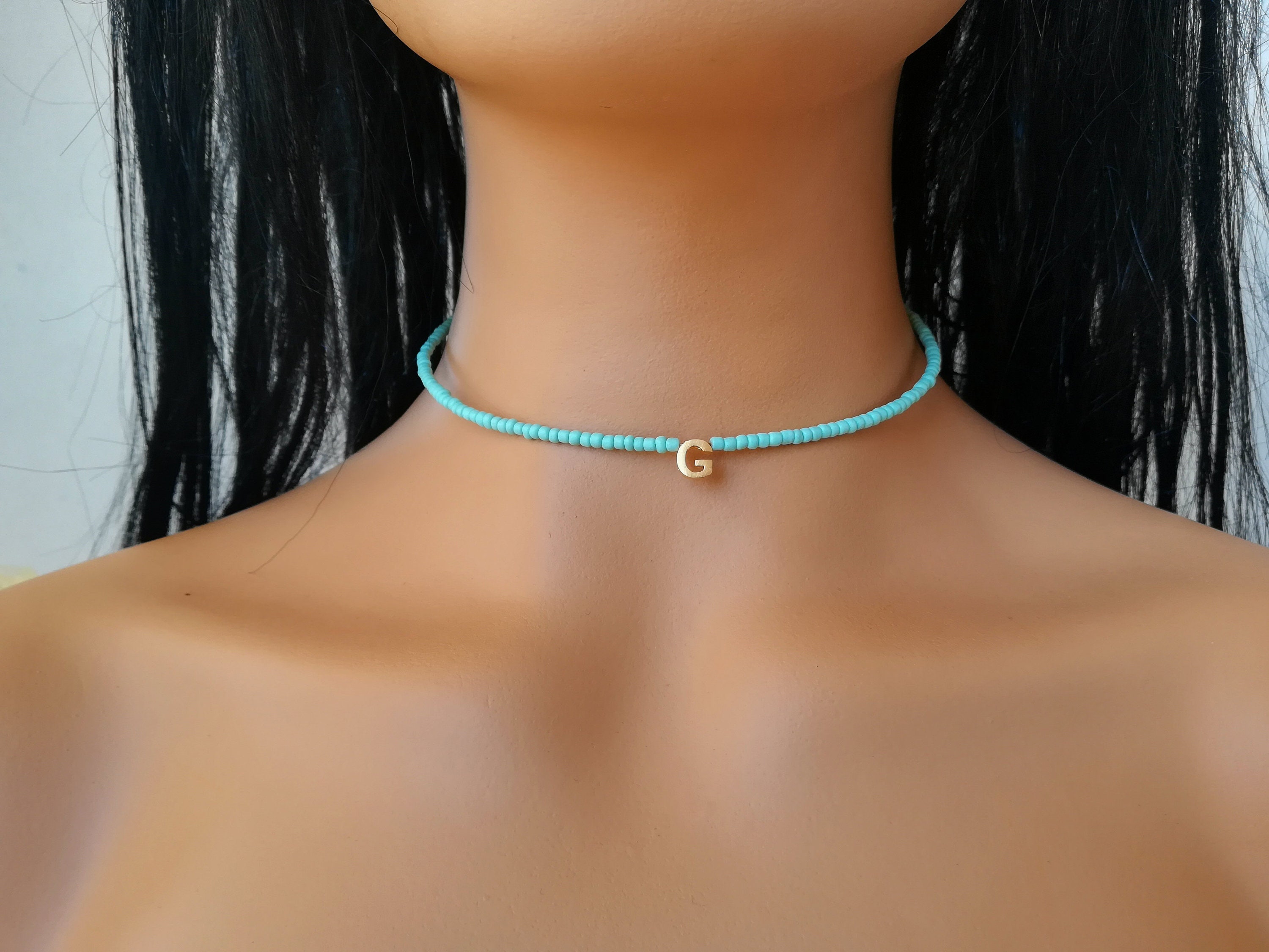 Turquoise Beaded Choker Initial Letter 