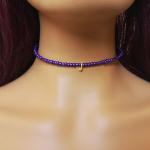 Purple beaded choker, Initial choker, gold letter necklace, personalized choker, dainty beaded choker, minimal beaded choker, gift for her