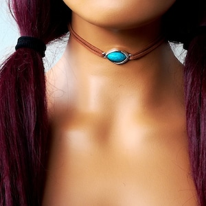 Ethnic brown suede choker, turquoise stone choker, boho choker, Indian choker, vintage choker, chic choker, gift for her, gift for wife