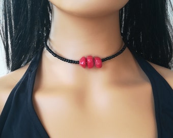 Collier Vintage Perles Onyx Noir, Jaspe Rouge, Tourmaline Et Strass - Longueur 81.3cm