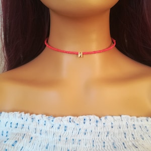 Red beaded choker, initial letter choker, personal choker, girly choker, dainty beaded choker, minimal beaded choker, boho choker
