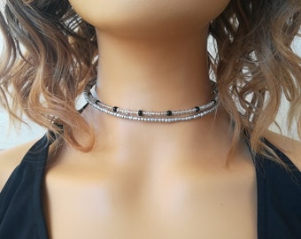 Boho beaded choker, silver beaded necklace, clear color beaded choker, elegant beaded choker, gift for her, gift for wife, wedding choker