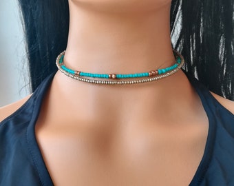 Boho Perlen Halsband, gold Perlen Halskette, Türkis Perlen Halsband, ethnische Perlen Halsband, Multi-Strähnen Halsband, Geschenk für sie, Geschenk für Frau