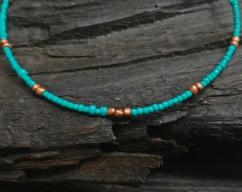 Turquoise beaded choker, bronze beaded necklace, ethnic beaded necklace, men necklace, unisex necklace, minimal beaded choker, boho choker