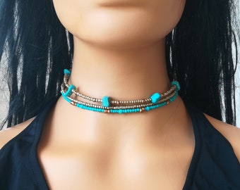 Boho Perlen Halsband, gold Perlen Halskette, Türkis Perlen Halsband, Türkis Stein Halsband, Multi-Stränge, mehrfarbige Halsband, Boho Halsband