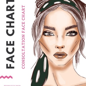 AFDRUKBAAR: Make-up gezichtsgrafiek voor kunstenaar, 60 look met grotere pagina 8,5 x 11 inch met geopende ogen en gesloten ogen, met verschillende haarlooks.