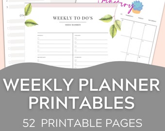 May include: A printable weekly planner with 52 pages. The planner includes a daily to-do list, a weekly to-do list, and a monthly calendar. The planner is decorated with a watercolor illustration of leaves and a succulent plant.