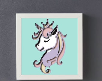3d layered unicorn svg, Unicorn Shadow Box SVG Template, Layered SVG Paper Cut Nursery Wall Art Sadowbox for Cricut and Silhouette
