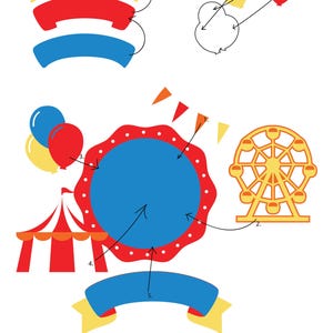 May include: A colorful illustration of a carnival scene with a red and white striped tent, a blue and red Ferris wheel, a red and white striped circle with white polka dots, and a blue and yellow banner. The illustration is labeled with numbers 1 through 5.