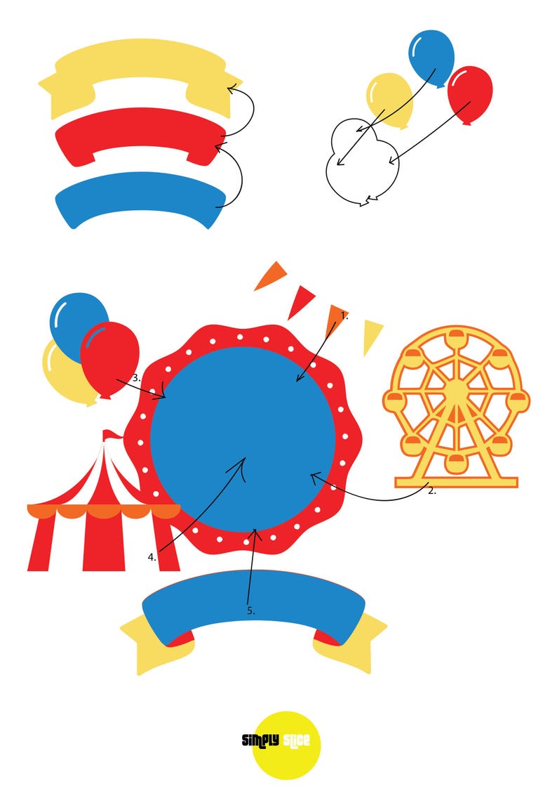 May include: A colorful illustration of a carnival scene with a red and white striped tent, a blue and red Ferris wheel, a red and white striped circle with white polka dots, and a blue and yellow banner. The illustration is labeled with numbers 1 through 5.