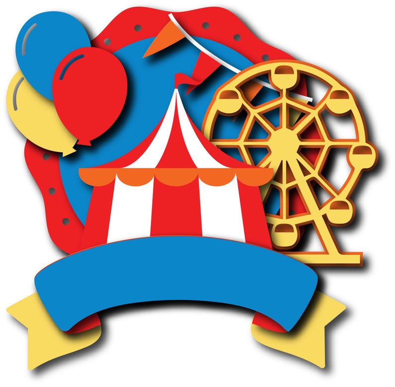 May include: A colorful illustration of a carnival scene with a red and white striped tent, a yellow Ferris wheel, and blue and red balloons.