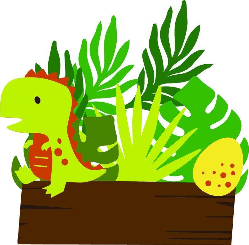 May include: A green dinosaur with red stripes sits in a wooden box with green tropical leaves and a yellow egg with red spots.