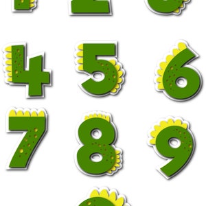 May include: Green numbers 1 through 10 with yellow flower-like accents. The numbers are outlined in white and have a shadow effect.