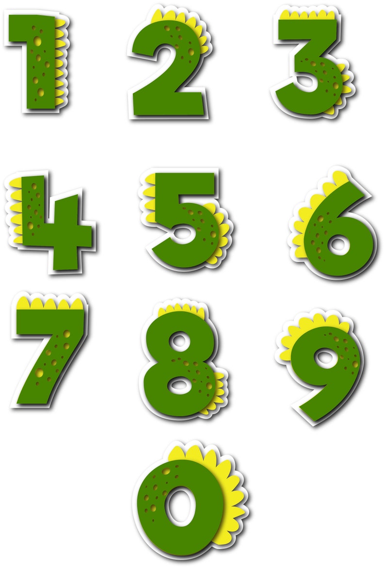 May include: Green numbers 1 through 10 with yellow flower-like accents. The numbers are outlined in white and have a shadow effect.