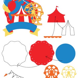 May include: A printable set of carnival-themed cutouts. The set includes a Ferris wheel, a tent, a banner, a circle, and a string of flags. The cutouts are in red, yellow, blue, and orange.