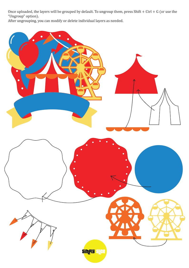 May include: A printable set of carnival-themed cutouts. The set includes a Ferris wheel, a tent, a banner, a circle, and a string of flags. The cutouts are in red, yellow, blue, and orange.