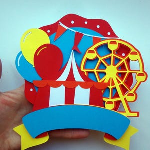 Topo de bolo de circo em camadas SVG, decoração de festa de aniversário de carnaval, roda gigante e arquivo de corte em camadas de tenda para Cricut, download instantâneo, png