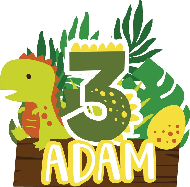 May include: Green dinosaur with orange stripes and a yellow number 3 on a brown wooden sign with the name Adam in yellow letters. The background is green leaves and a yellow egg.