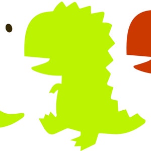 May include: Three cartoon dinosaurs, one green, one yellow-green, and one red, are facing each other. They are all smiling and have simple, rounded features.
