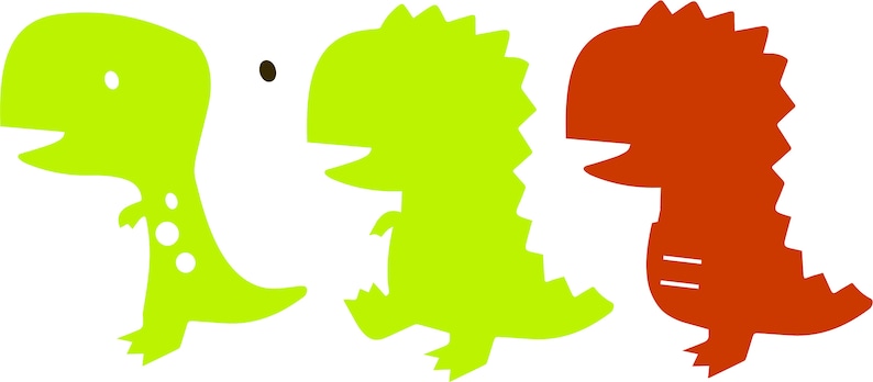 May include: Three cartoon dinosaurs, one green, one yellow-green, and one red, are facing each other. They are all smiling and have simple, rounded features.