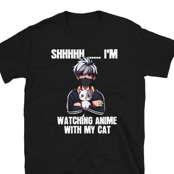 Anime Shirt Shhh I'm watching Anime with my cat T-Shirt Kawaii Neko Tee Anime Manga Gifts For Teen Boys and Men Otaku Japanese Drawing Gift