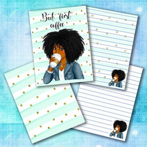 Puede incluir: Una página de planificador imprimible con un fondo a rayas verde y blanco con puntos de purpurina dorados. La página presenta a una mujer negra con el pelo rizado tomando café y el texto "But first, coffee".