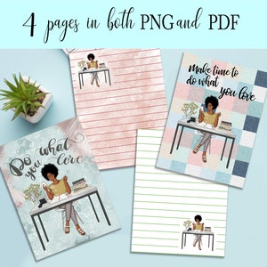 Puede incluir: Cuatro páginas imprimibles con una mujer sentada en un escritorio con una computadora portátil, una taza de café y libros. Las páginas incluyen papel rayado y un fondo colorido con el texto "Tómate el tiempo para hacer lo que amas" y "Haz lo que amas".