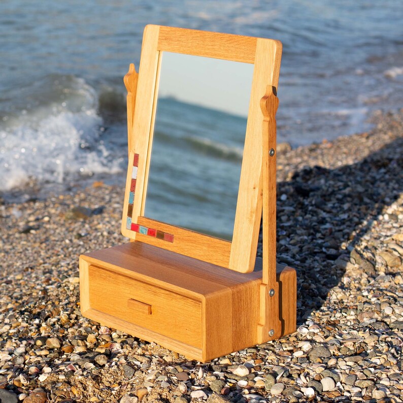 Wood Vanity Mirror on Stand With Jewellery Drawer. Natural Etsy UK