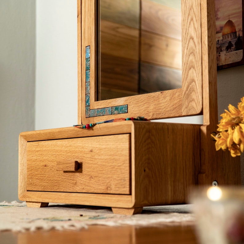 Wood Vanity Mirror on Stand With Jewellery Drawer. Natural Etsy UK