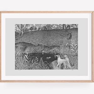 Art Print - The Sentinels. Whimsical borzoi dog illustration, wall art