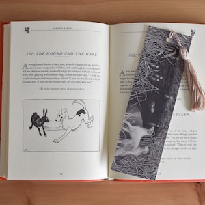 May include: An open book with a red cover and a bookmark. The bookmark features a monochrome image of a fox and a tassel. The book is open to a page with text and an illustration of a dog and a hare.