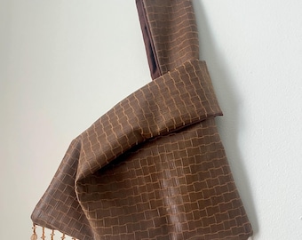 Leather Japanese Knot Style Purse with Hand-Beaded Fringe, Hand-Sewn (Brown Interior)