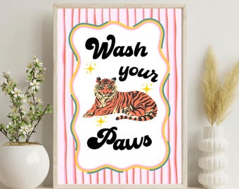 Wash Your Paws Tiger Print, Bathroom Print A4 Unframed