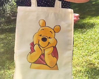 Winnie the Pooh Medium Tote Bag | Pooh Bear Bookbag | Original Handmade Canvas Bag by Artist