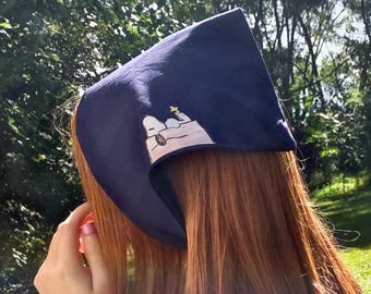 Snoopy Navy Triangle Scarf | Snoopy and Woodstock Red Dog House on Hair Kerchief | Handmade "Peanuts" Bandana in 100% Cotton with Tie Back