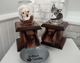 With Your Pet's Face | Hand-Painted Pet Treat Dispenser | Wood and Mason Jar Machine for Small Dog and Cat Treats or Kibble