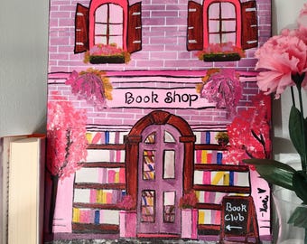 Bookish Painting on Canvas | Vintage-Feel Book Store | Gift for Book Lovers | Original Acrylic Painting "Lilac Book Shop"