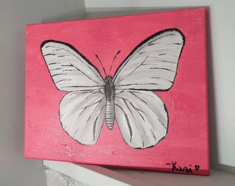 White Butterfly Painting on Canvas | Moth Painting with Pink 3D Background | Gift for Home & Nursery | Original Acrylic Painting