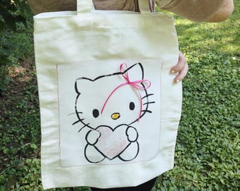 Medium White Tote Bag | Hello Kitty Bookbag with Pink Ribbon and Stitching Details | Original Handmade Canvas Bag by Artist with Character
