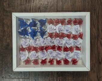 Origami/Paper Art American Flag Shadow Box, Handmade Patriotic Artwork