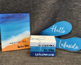 SET of 3 Decor Items--Wooden "Hello Lakeside" Hanging, Canvas "we prefer the lake life" sign, and Wooden "Welcome to the Lakehouse" Block