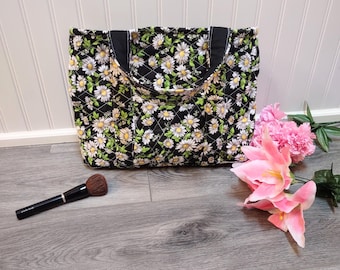 Sunflowers Quilted Tote Bag | 14-inch Wide Shoulder Sack with Flower Design in Black Print Pattern
