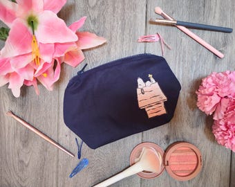 Navy Cosmetic Bag | Snoopy and Woodstock Red Dog House Makeup Pouch | Handmade Zipper Bag from "Peanuts" in 100% Cotton with Gray Lining