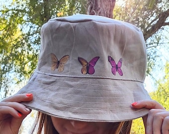 Tan Bucket Hat | Pink and Yellow Butterflies Cap with Stitching Details | Original Handmade Graphic Hat